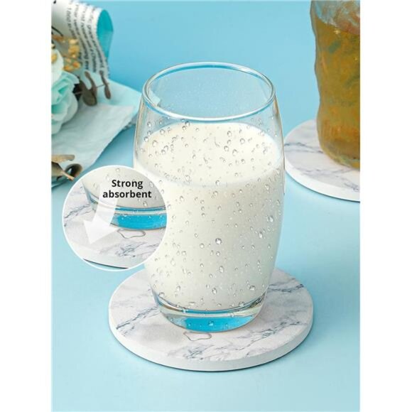 Coasters for Drinks, White Marble-Style Absorbent Coasters with Holder, - Picture 12 of 14